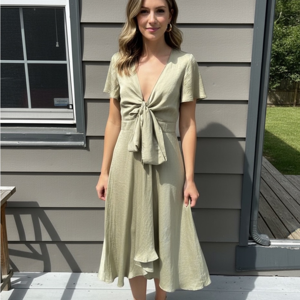 Knot-Front Midi Dress in Sage Green